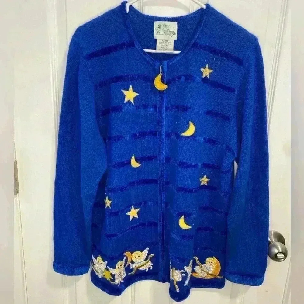 Vintage The Quacker Factory Angels Embellished Women’s Cardigan Blue Size‎ Large